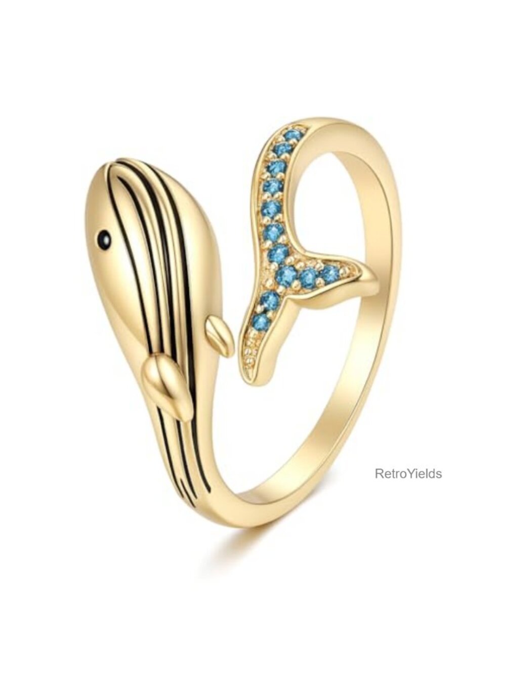Whale Ring with Blue Crystal Stones Stainless Steel Adjustable Band Animal